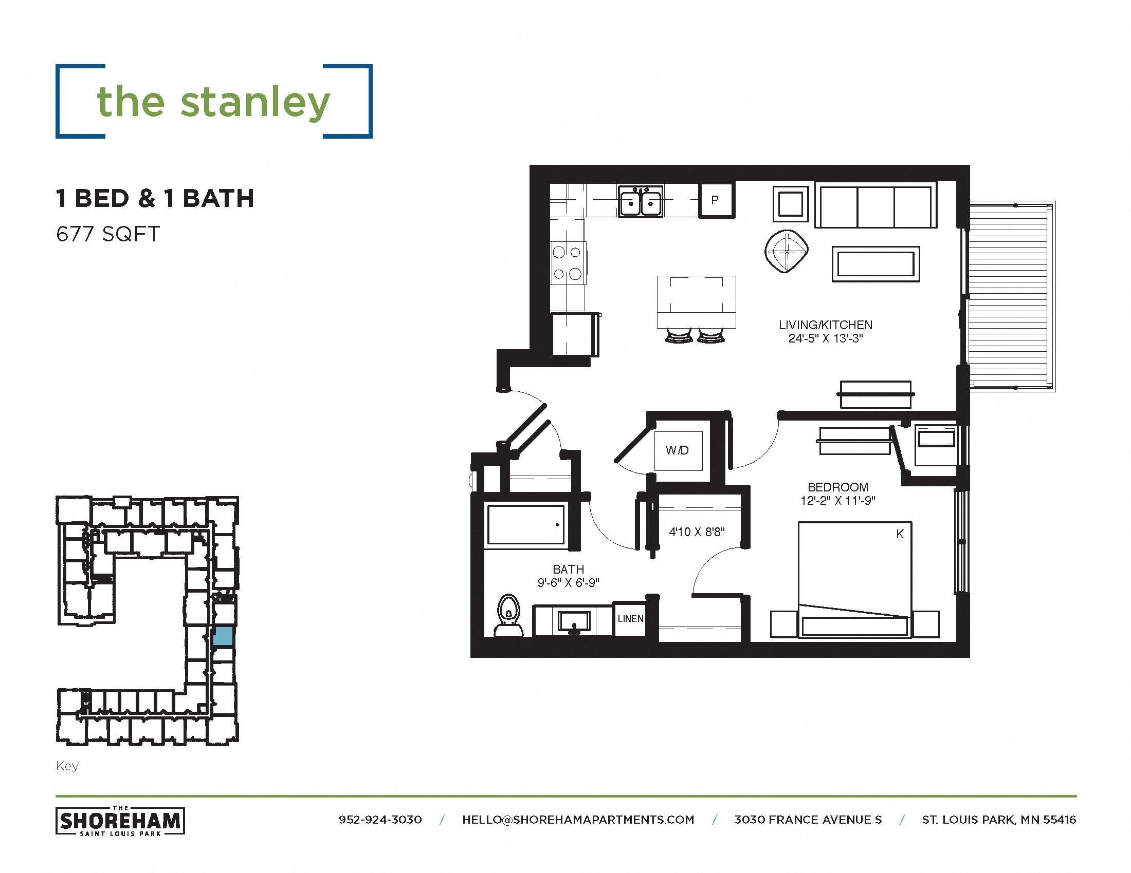Floor plan for 1 bed, 1 bath, 677 sqft